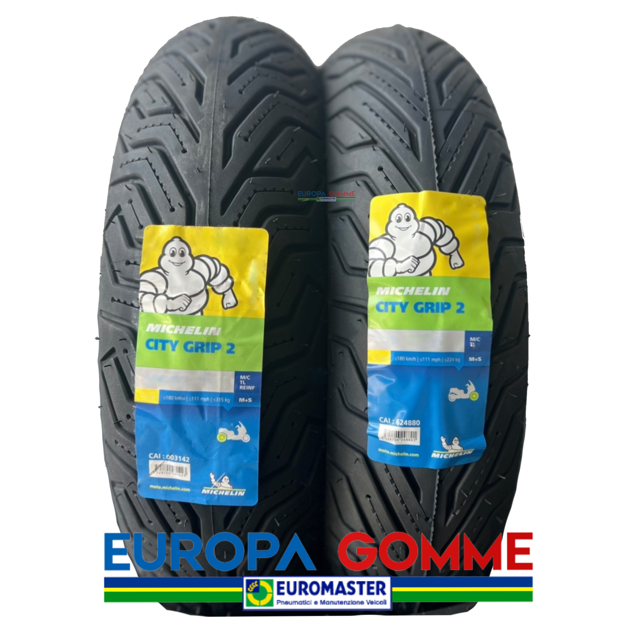Michelin City Grip 2 motorcycle tires, 110/70-16 52S front and 150/70-14 66S rear, shown with tread patterns and sidewall details.