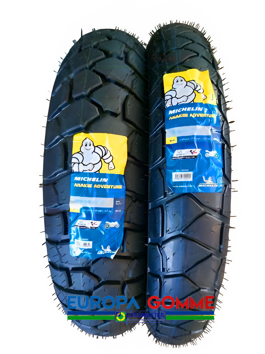 Michelin Anakee Adventure motorcycle tires, 110/80 R18 58V front and 180/55 R17 73V rear, on a motorcycle wheel.