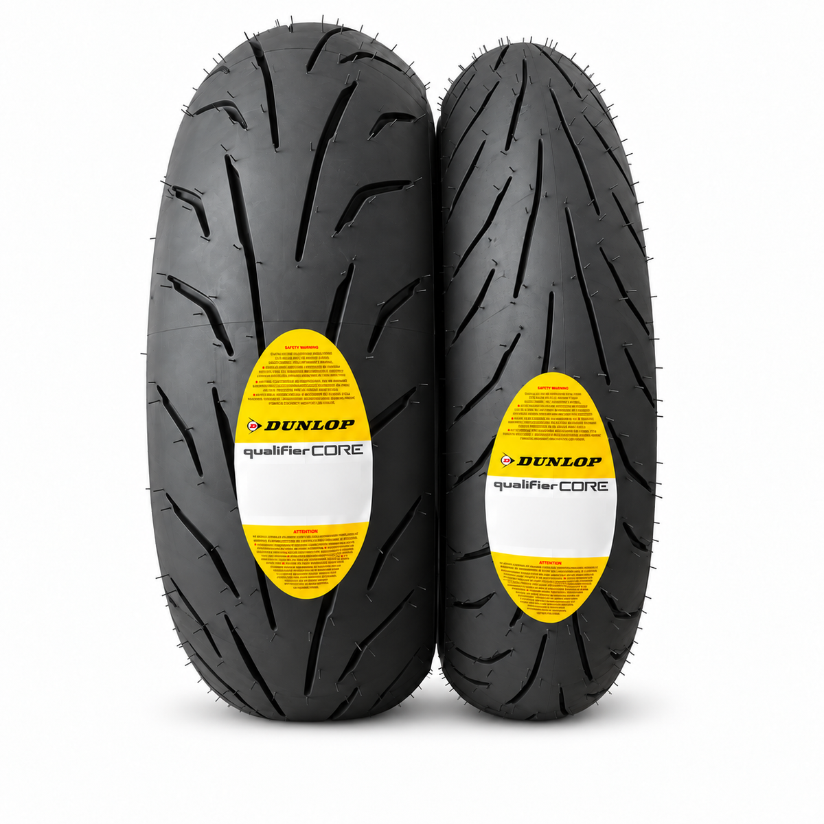 Pair of Dunlop Qualifier Core motorcycle tires, 120/70 ZR17 front and 180/55 ZR17 rear, shown side by side on a plain background.