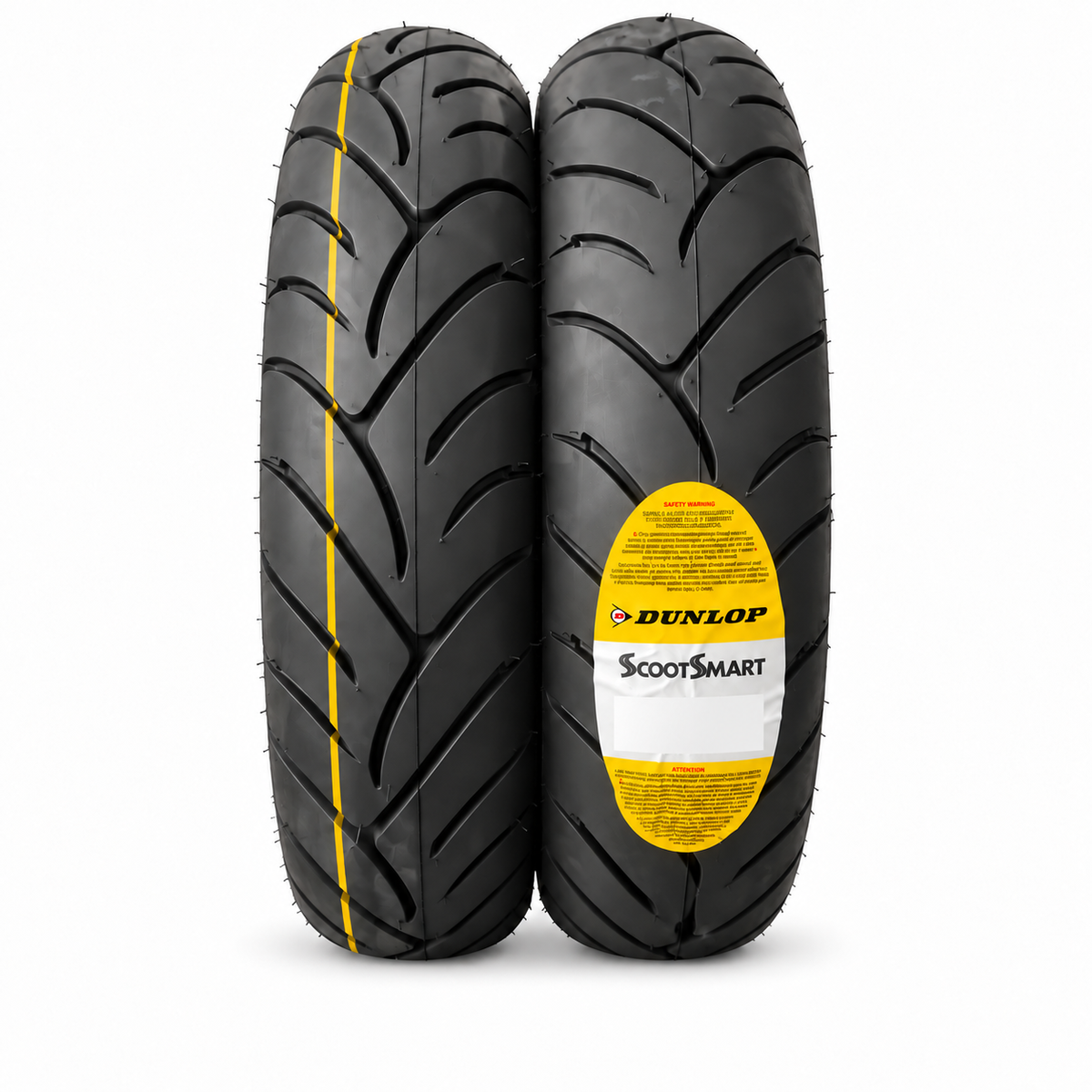 Pair of Dunlop ScootSmart scooter tires, 120/90-10 and 130/90-10 sizes, with pneumatic construction and tire sidewall details