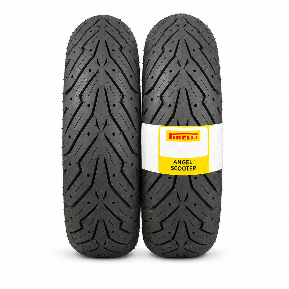 Pair of Pirelli Angel scooter tires, 140/70-16 and 110/70-16, featuring tread pattern and sidewall details for scooter riding.