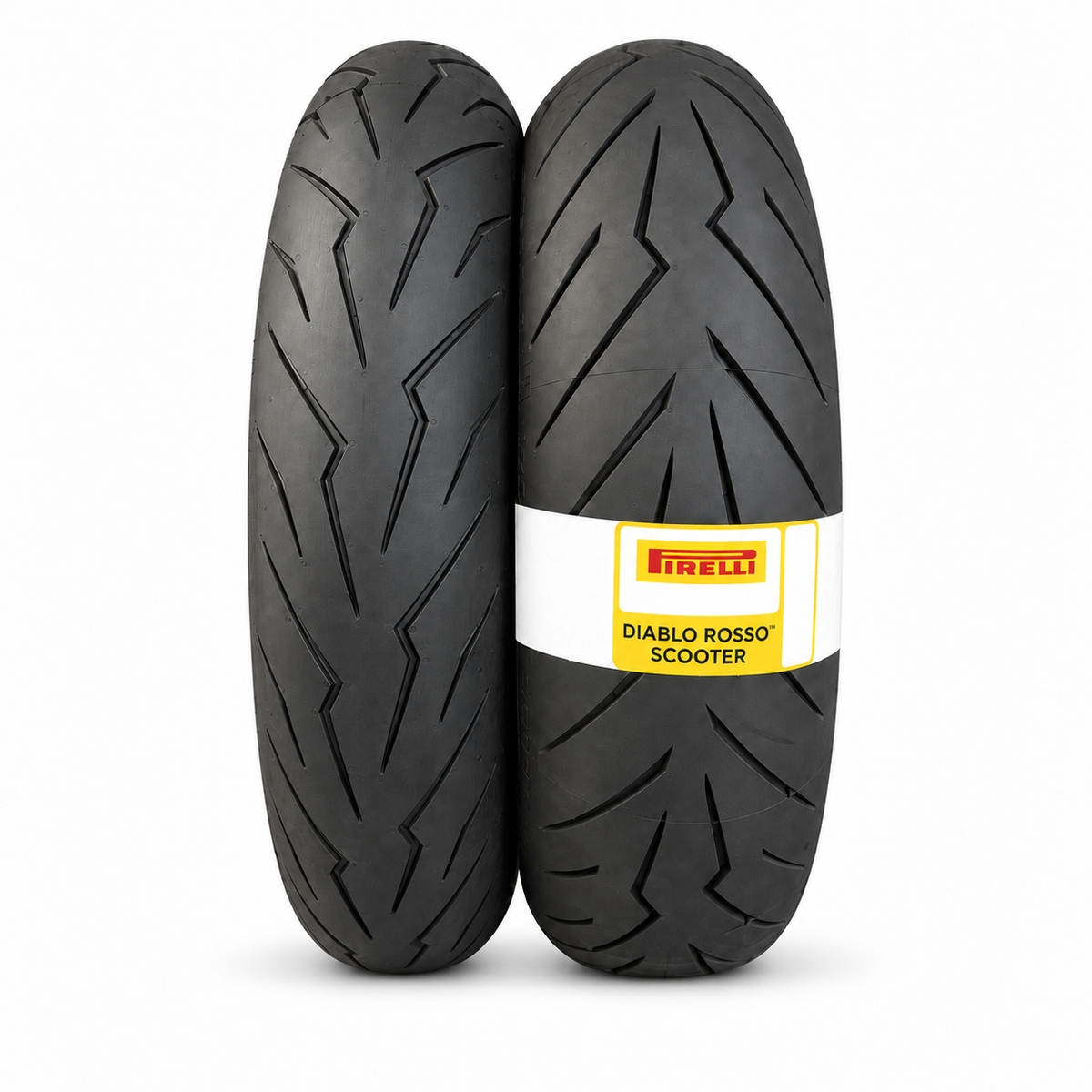 Pair of Pirelli Diablo Rosso scooter tires, 120/70 R15 and 160/60 R15, showing tread pattern and sidewall details.