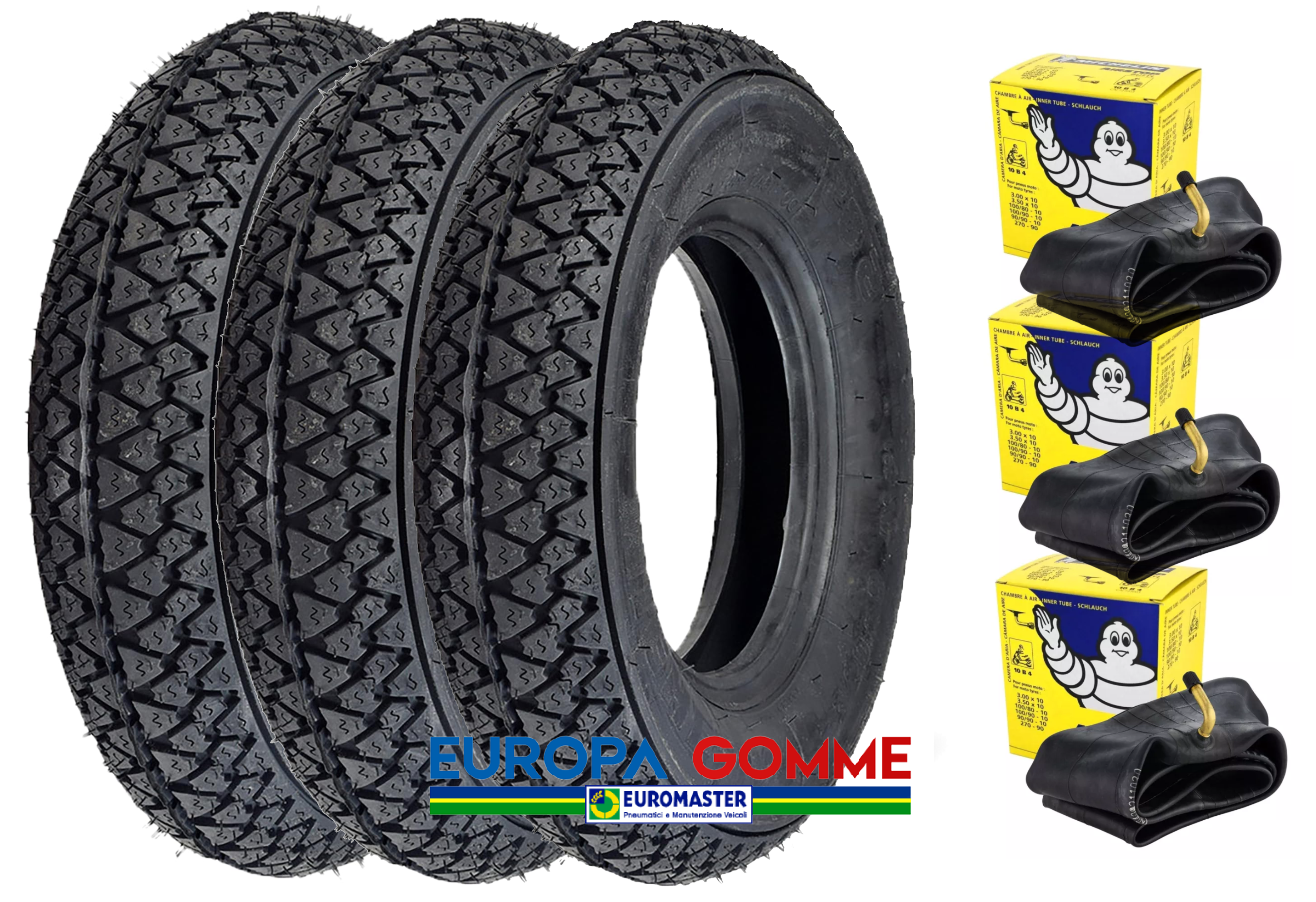 Kit da 3x Michelin 100/90 - 10 56J S83 TL/TT Vespa/Ape + Camere D'aria CH. 10B 4 VALVE 1202